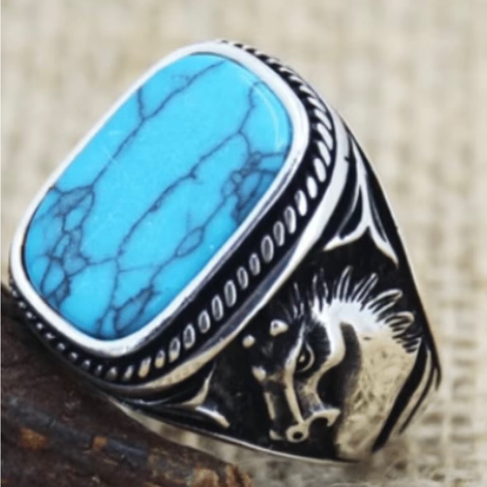 Men Classic Retro Turquoise Ring Horse Face Pattern OnThe Side Ring Holiday Gift